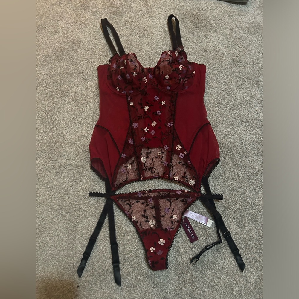 BNWT Adore Me sheer red mesh corset bustier lingerie set (34D top, M panty)